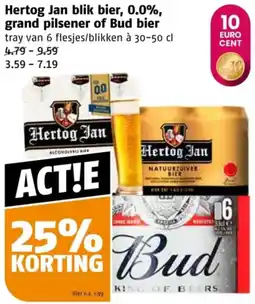 Poiesz Hertog Jan blik bier, 0.0%, grand pilsener of Bud bier aanbieding