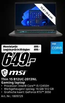 MediaMarkt Msi Thin 15 B12UC-2013NL Gaming laptop aanbieding
