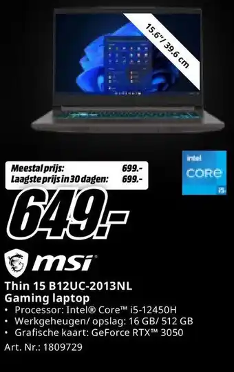 MediaMarkt Msi Thin 15 B12UC-2013NL Gaming laptop aanbieding