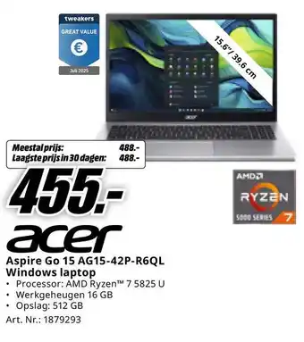 MediaMarkt Acer Aspire Go 15 AG15-42P-R6QL Windows laptop aanbieding