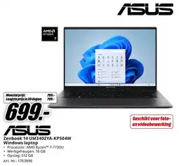 MediaMarkt ASUS Zenbook 14 UM3402YA-KP504W Windows laptop aanbieding