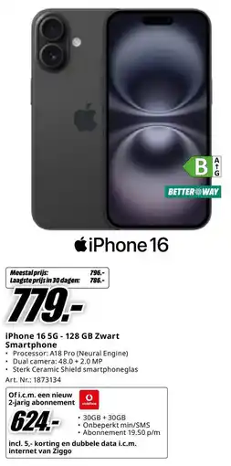 MediaMarkt iPhone 16 5G 128 GB Zwart Smartphone aanbieding