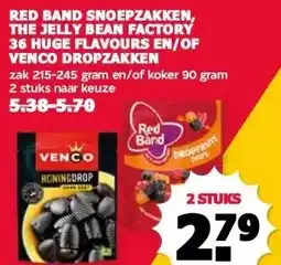 MCD Supermarkt RED BAND SNOEPZAKKEN, THE JELLY BEAN FACTORY 36 HUGE FLAVOURS EN/OF VENCO DROPZAKKEN aanbieding