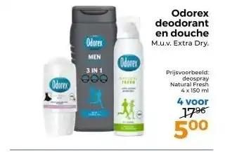 Trekpleister Odorex deodorant en douche M.u.v. Extra Dry. aanbieding
