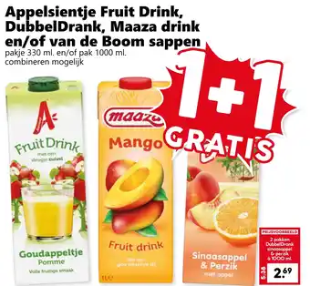 CoopCompact Appelsientje Fruit Drink, DubbelDrank, Maaza drink en/of van de Boom sappen aanbieding