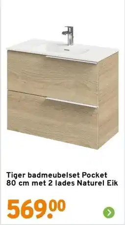 GAMMA Tiger badmeubelset Pocket 80 cm met 2 lades Naturel Eik aanbieding