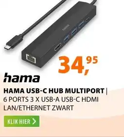Expert Hama USB-C Hub Multiport 6 Ports 3 x USB-A USB-C HDMI LAN/Ethernet Zwart aanbieding