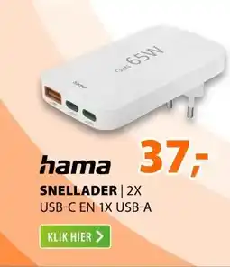 Expert Hama Snellader 2x USB-C 1x USB-A platte mini-oplader PD 65 W Wit aanbieding