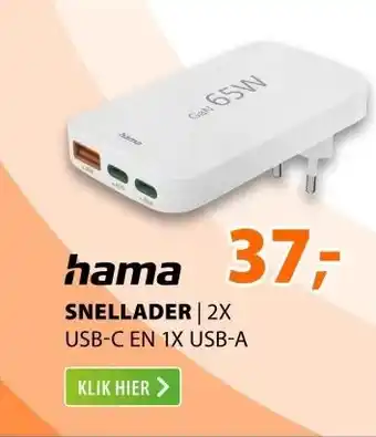 Expert Hama Snellader 2x USB-C 1x USB-A platte mini-oplader PD 65 W Wit aanbieding
