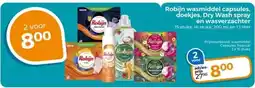 Trekpleister Robijn wasmiddel capsules, doekjes, Dry Wash spray en wasverzachter aanbieding