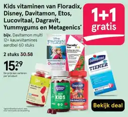 Etos Kids vitaminen van Floradix, Disney, Davitamon, Etos, Lucovitaal, Dagravit, Yummygums en Metagenics aanbieding