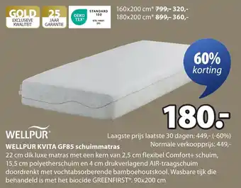 Jysk Wellpur kvita GF85 schuimmatras aanbieding