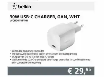 Informatique Belkin 30W USB-C Charger, GAN, WHT WCH001VFWH aanbieding