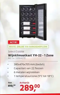 HANOS Select Cuisine Wijnklimaatkast YH-22 - 1 Zone aanbieding