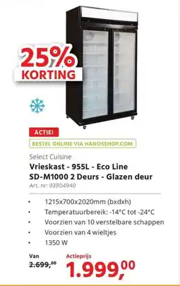 HANOS Select Cuisine Vrieskast - 955L - Eco Line SD-M1000 2 Deurs - Glazen deur aanbieding