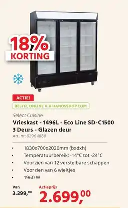 HANOS Select Cuisine Vrieskast 1496L - Eco Line SD-C1500 3 Deurs Glazen deur aanbieding