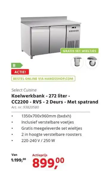 HANOS Select Cuisine Koelwerkbank CC2200 RVS 2 Deurs-Met spatrand aanbieding