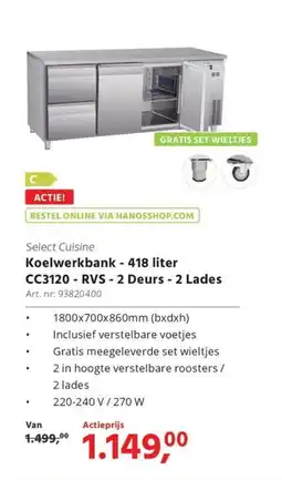 HANOS Select Cuisine Koelwerkbank CC3120 RVS 2 Deurs 2 Lades aanbieding