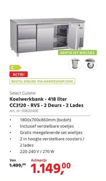 HANOS Select Cuisine Koelwerkbank CC3120 RVS 2 Deurs 2 Lades aanbieding