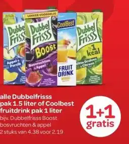 Spar alle Dubbelfrisss pak 1.5 liter of Coolbest fruitdrink pak 1 liter aanbieding