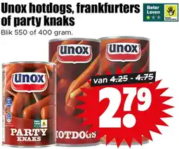 Dirk Unox hotdogs, frankfurters of party knaks aanbieding