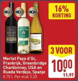 ALDI Merlot Pays d'Oc, Frankrijk, Greenbridge Chardonnay, USA en Rueda Verdejo, Spanje aanbieding