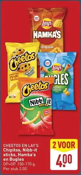 ALDI CHEETOS EN LAY'S Chipitos, Nibb-it sticks, Hamka's en Bugles aanbieding