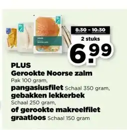 PLUS PLUS Gerookte Noorse zalm pangasiusfilet, gebakken lekkerbek of gerookte makreelfilet graatloos aanbieding