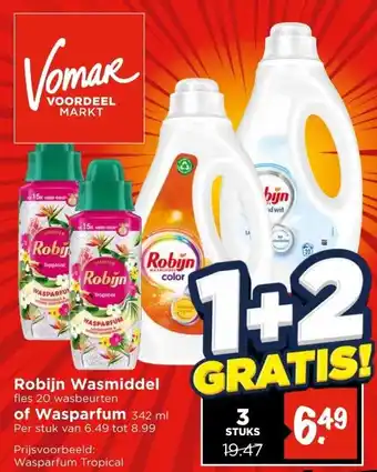 Vomar Voordeelmarkt Robijn Wasmiddel fles 20 wasbeurten of Wasparfum 342 ml Per stuk van 6.49 tot 8.99 aanbieding