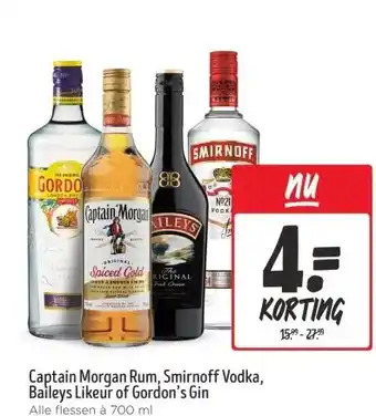 Jumbo Captain Morgan Rum, Smirnoff Vodka, Baileys Likeur of Gordon's Gin aanbieding