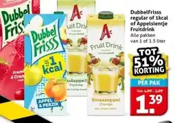 Hoogvliet DubbelFrisss regular of 1kcal of Appelsientje Fruitdrink aanbieding