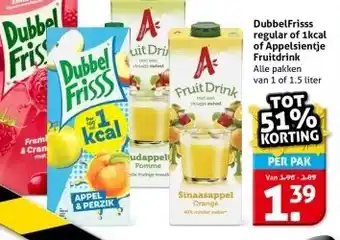 Hoogvliet DubbelFrisss regular of 1kcal of Appelsientje Fruitdrink aanbieding