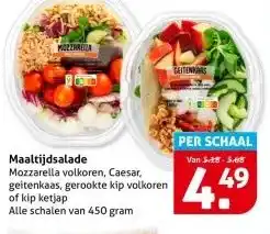 Hoogvliet Maaltijdsalade Mozzarella volkoren, Caesar, geitenkaas, gerookte kip volkoren of kip ketjap aanbieding