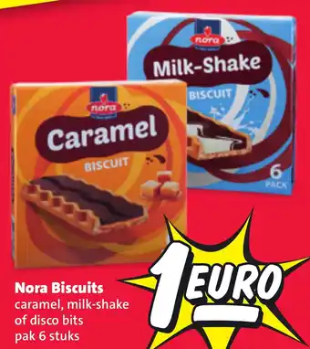 Nettorama Nora Biscuits caramel, milk shake of disco bits aanbieding