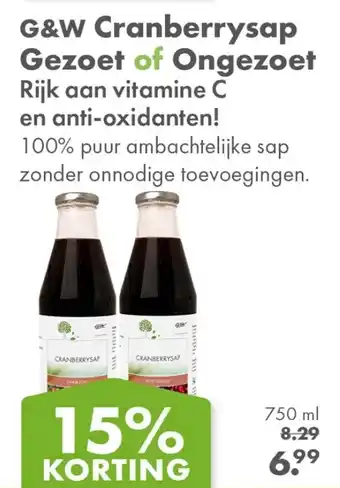 Gezond & Wel G&W Cranberrysap Gezoet of Ongezoet aanbieding