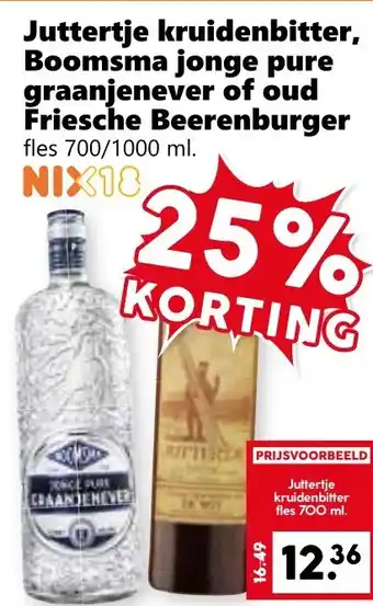 CoopCompact Juttertje kruidenbitter, Boomsma jonge pure graanjenever of oud Friesche Beerenburger aanbieding