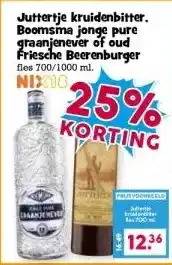 Boon`s Markt Juttertje kruidenbitter. Boomsma jonge pure graanjenever of oud Friesche Beerenburger aanbieding