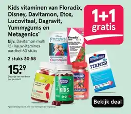 Etos Kids vitaminen van Floradix, Disney, Davitamon, Etos, Lucovitaal, Dagravit, Yummygums en Metagenics* aanbieding