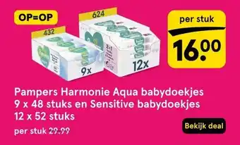 Etos Pampers Harmonie Aqua babydoekjes 9 x 48 stuks en Sensitive babydoekjes 12 x 52 stuks aanbieding