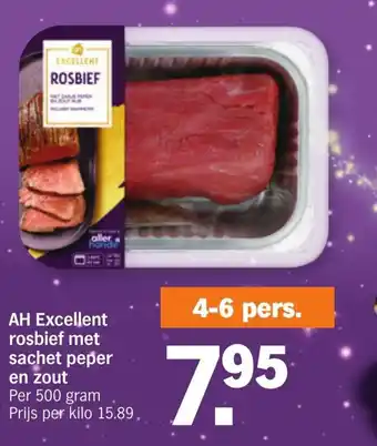 Albert Heijn AH Excellent rosbief met sachet peper en zout 500 gram aanbieding