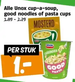 Poiesz Alle Unox cup a soup, good noodles of pasta cups aanbieding
