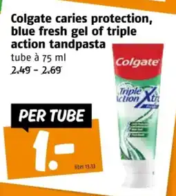 Poiesz Colgate caries protection, blue fresh gel of triple action tandpasta aanbieding
