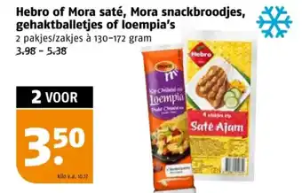 Poiesz Hebro of Mora saté, Mora snackbroodjes, gehaktballetjes of loempia's aanbieding