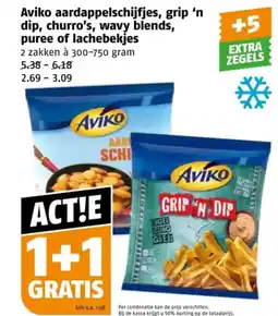 Poiesz Aviko aardappelschijfjes, grip 'n dip, churro's, wavy blends, puree of lachebekjes aanbieding