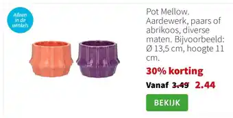 Intratuin Pot Mellow. Aardewerk, paars of abrikoos, diverse maten. Bijvoorbeeld: Ø 13,5 cm, hoogte 11 cm. aanbieding