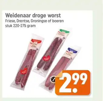 Lekker Makkelijk Weidenaar droge worst friese, drentse, groningse of boeren 220-275 gram aanbieding