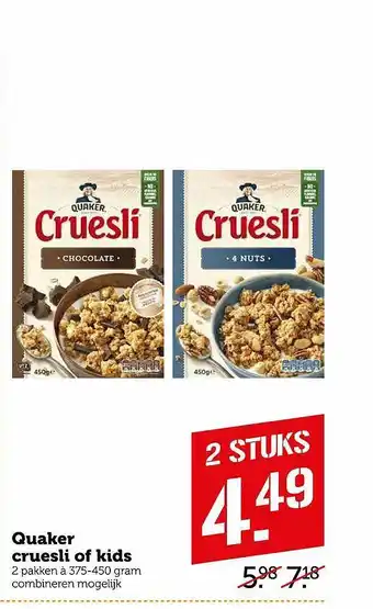 Coop Quaker cruesli of kids 375-450 gram aanbieding