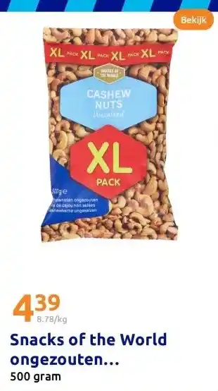 Action Snacks of the World ongezouten cashewnoten XL-pack aanbieding