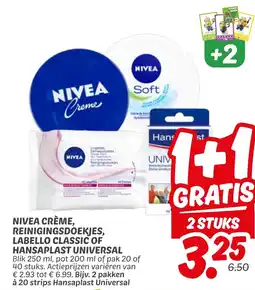 Dekamarkt Nivea crème, reinigingsdoekjes, labello classic of hansaplast universal aanbieding