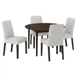 IKEA Moderne eethoek met donkerbruine ronde tafel en vier lichtgrijze stoffen stoelen aanbieding